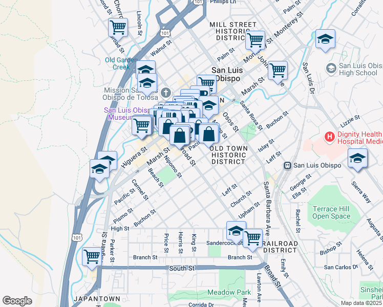 map of restaurants, bars, coffee shops, grocery stores, and more near 1317 Broad Street in San Luis Obispo