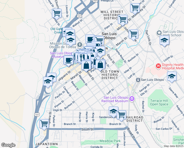 map of restaurants, bars, coffee shops, grocery stores, and more near 1312 Broad Street in San Luis Obispo