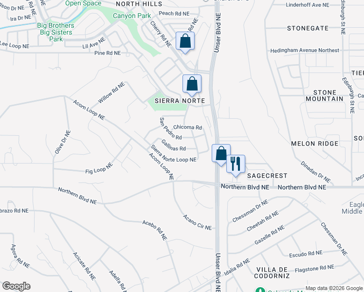 map of restaurants, bars, coffee shops, grocery stores, and more near 1844 Gallinas Road in Rio Rancho