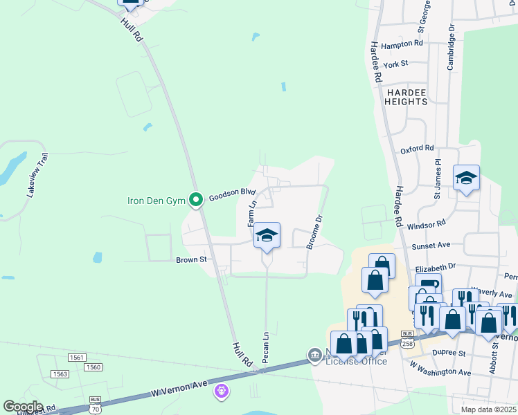 map of restaurants, bars, coffee shops, grocery stores, and more near Plant Drive in Kinston