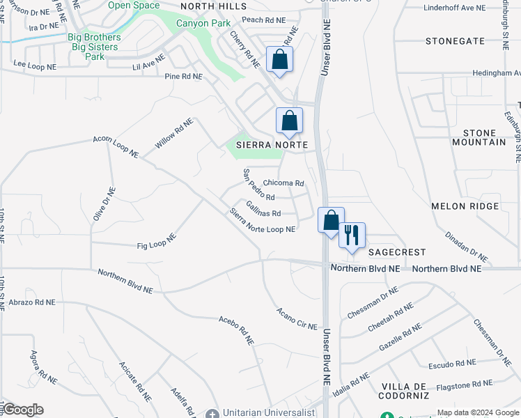 map of restaurants, bars, coffee shops, grocery stores, and more near 1801 Gallinas Road in Rio Rancho