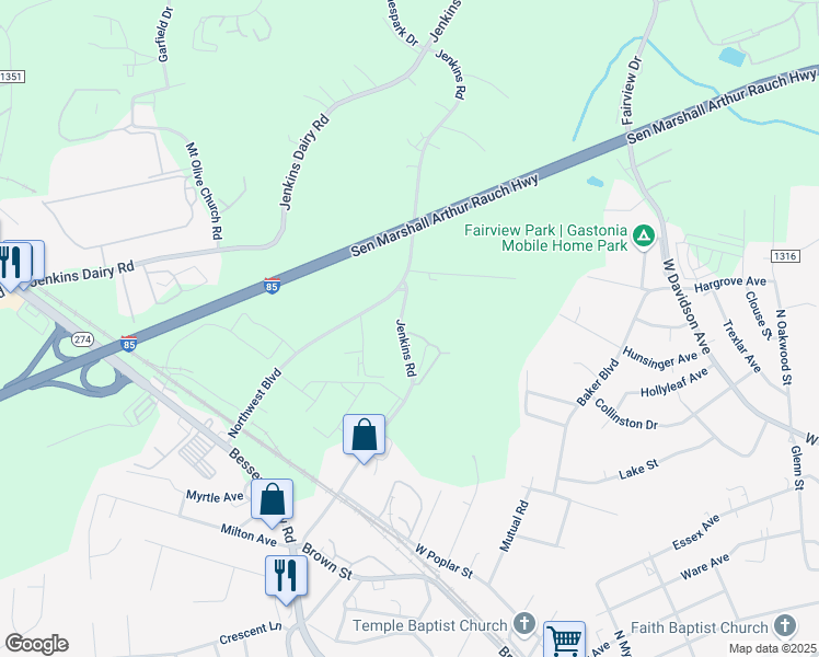 map of restaurants, bars, coffee shops, grocery stores, and more near 1350 Shady Nook Circle in Gastonia