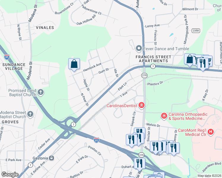 map of restaurants, bars, coffee shops, grocery stores, and more near 1824 East Ozark Avenue in Gastonia