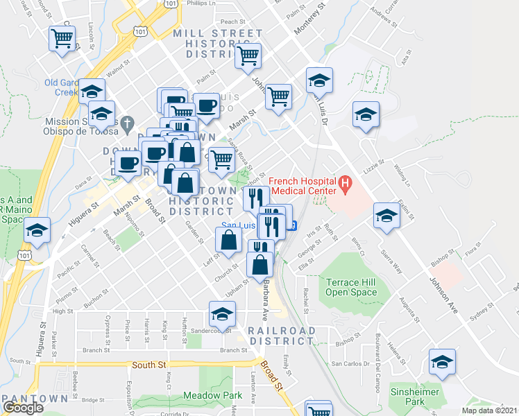 map of restaurants, bars, coffee shops, grocery stores, and more near 1029 Islay Street in San Luis Obispo