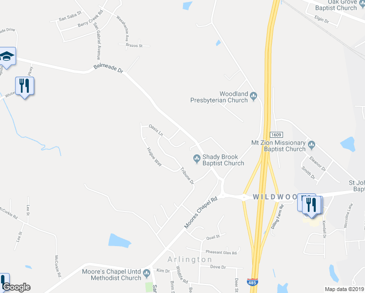 map of restaurants, bars, coffee shops, grocery stores, and more near 2852 Oasis Lane in Charlotte