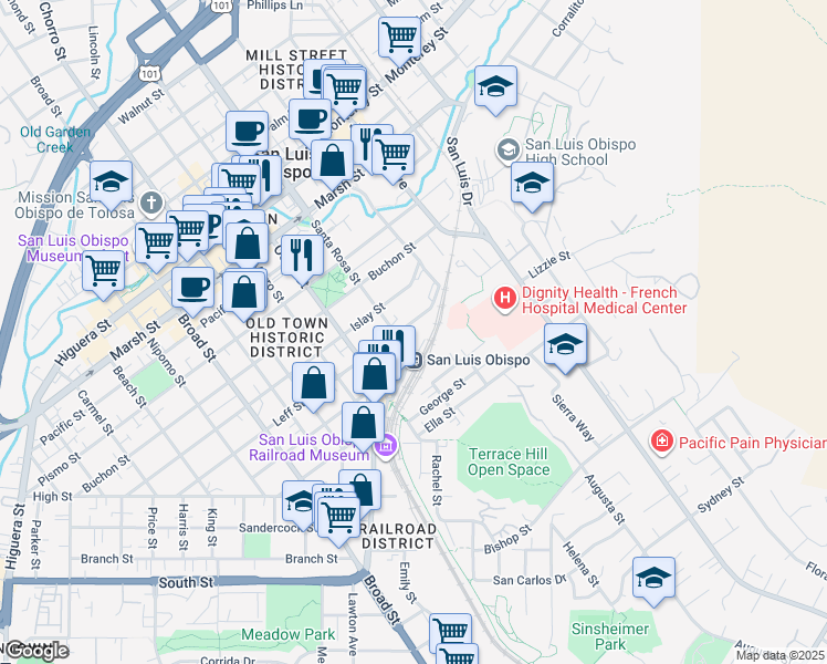 map of restaurants, bars, coffee shops, grocery stores, and more near 1100 Iris Street in San Luis Obispo