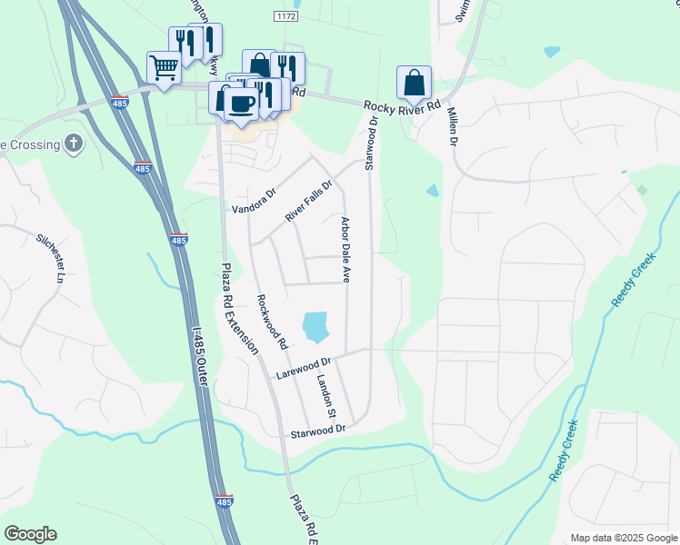 map of restaurants, bars, coffee shops, grocery stores, and more near 5401 Whittlington Drive in Charlotte