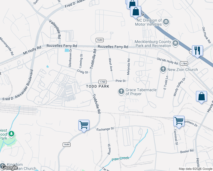 map of restaurants, bars, coffee shops, grocery stores, and more near 6341 Macon Street in Charlotte