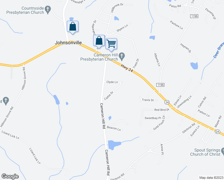 map of restaurants, bars, coffee shops, grocery stores, and more near 125 Cattie Drive in Cameron