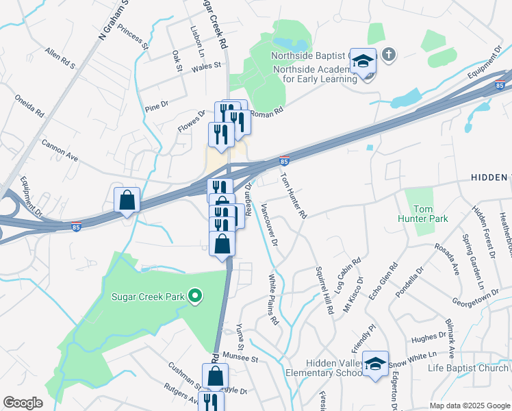 map of restaurants, bars, coffee shops, grocery stores, and more near 1615 Vancouver Drive in Charlotte