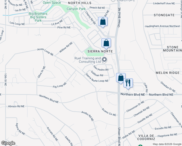 map of restaurants, bars, coffee shops, grocery stores, and more near 1734 Gallinas Road in Rio Rancho