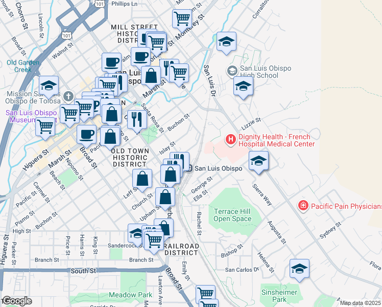 map of restaurants, bars, coffee shops, grocery stores, and more near 1100 Iris Street in San Luis Obispo
