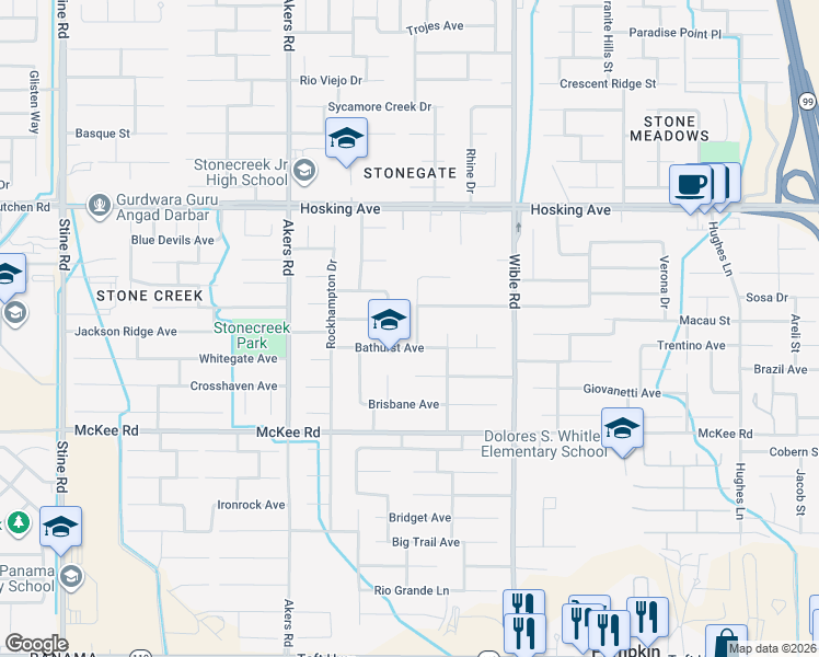 map of restaurants, bars, coffee shops, grocery stores, and more near 8509 Tamworth Street in Bakersfield
