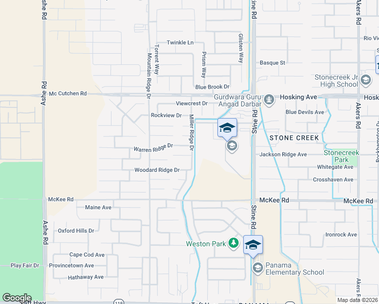 map of restaurants, bars, coffee shops, grocery stores, and more near 5400 Saddleback Ridge Court in Bakersfield