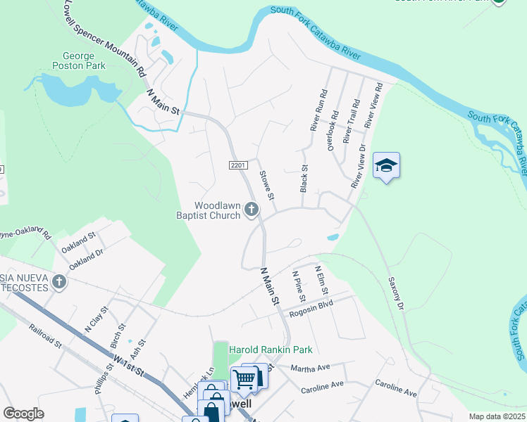 map of restaurants, bars, coffee shops, grocery stores, and more near 1025 North Main Street in Lowell