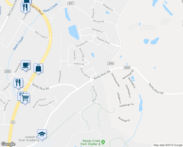 map of restaurants, bars, coffee shops, grocery stores, and more near 2900 Rocky River Road in Charlotte
