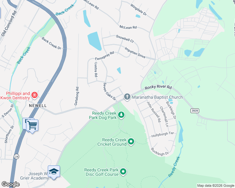 map of restaurants, bars, coffee shops, grocery stores, and more near 2900 Rocky River Road in Charlotte