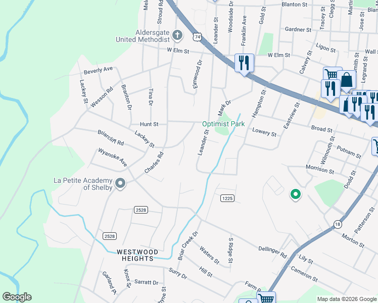 map of restaurants, bars, coffee shops, grocery stores, and more near 709 Walker Drive in Shelby