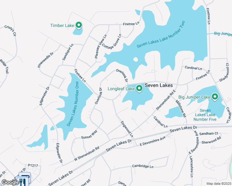 map of restaurants, bars, coffee shops, grocery stores, and more near 105 Firetree Lane in Seven Lakes