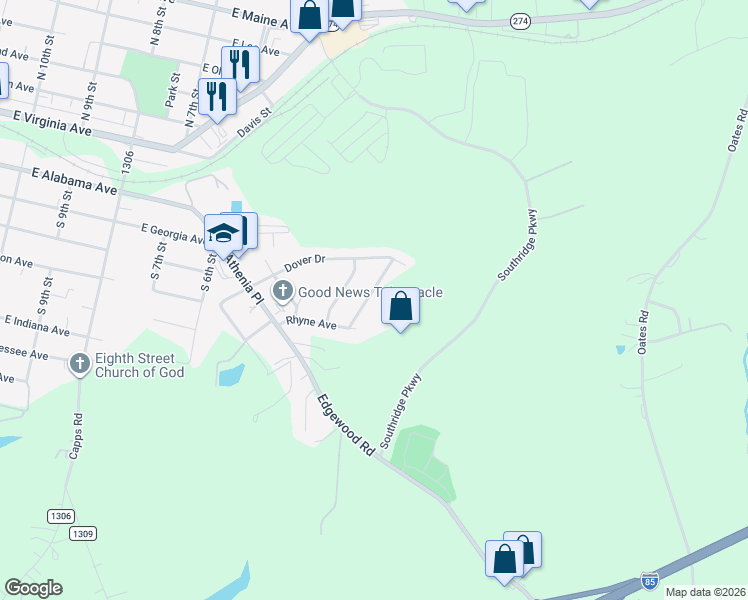 map of restaurants, bars, coffee shops, grocery stores, and more near 117 Hillcrest Drive in Bessemer City
