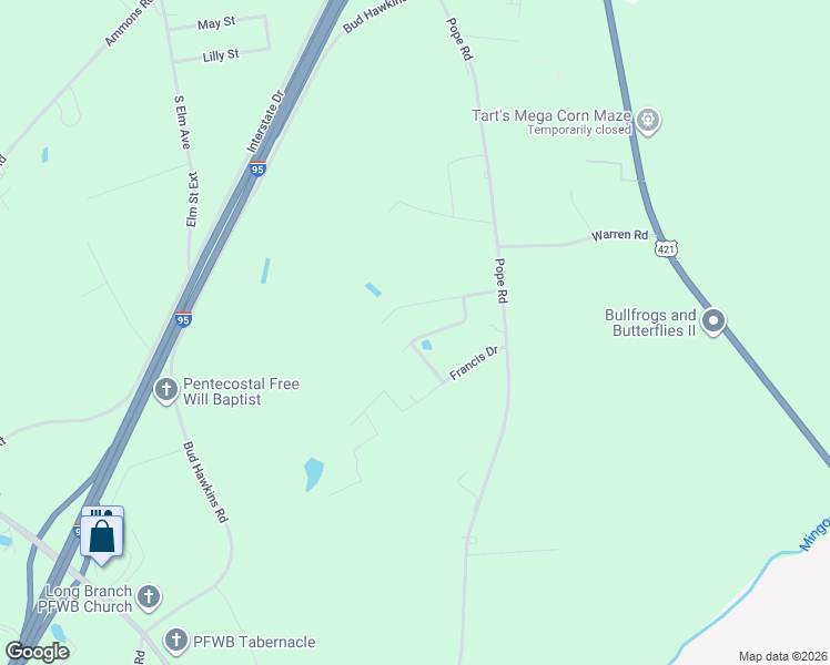 map of restaurants, bars, coffee shops, grocery stores, and more near 162 Red Robin Drive in Dunn