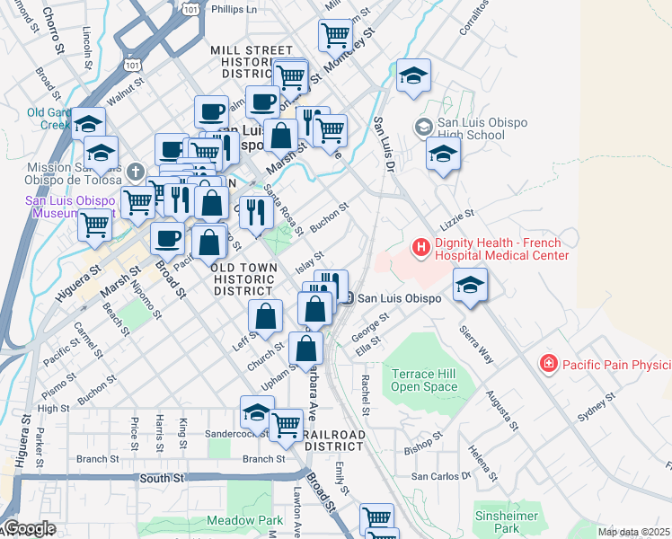 map of restaurants, bars, coffee shops, grocery stores, and more near 1100 Leff Street in San Luis Obispo