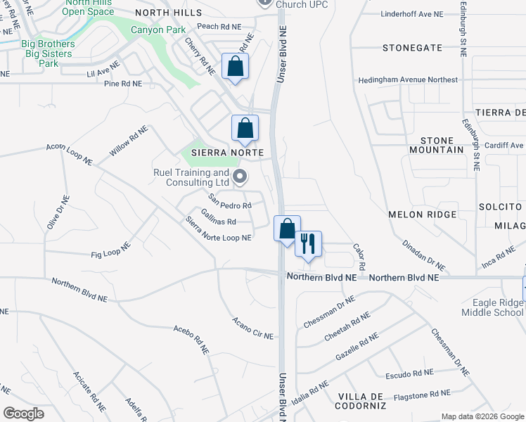 map of restaurants, bars, coffee shops, grocery stores, and more near 1931 Chicoma Road in Rio Rancho