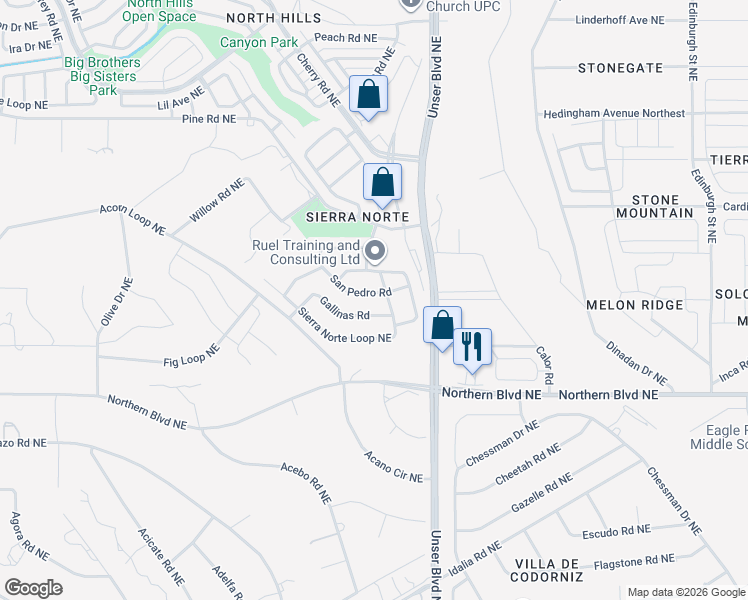 map of restaurants, bars, coffee shops, grocery stores, and more near 1844 Gallinas Road in Rio Rancho