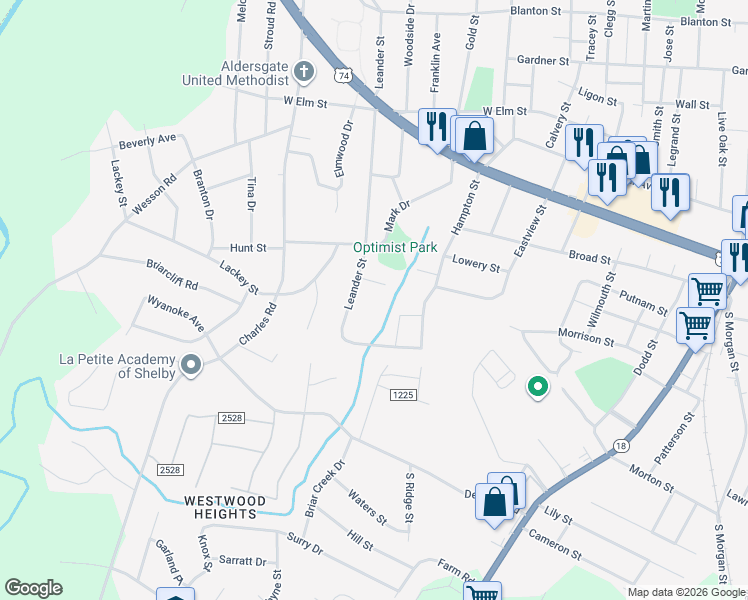 map of restaurants, bars, coffee shops, grocery stores, and more near 900-928 Sedgefield Drive in Shelby