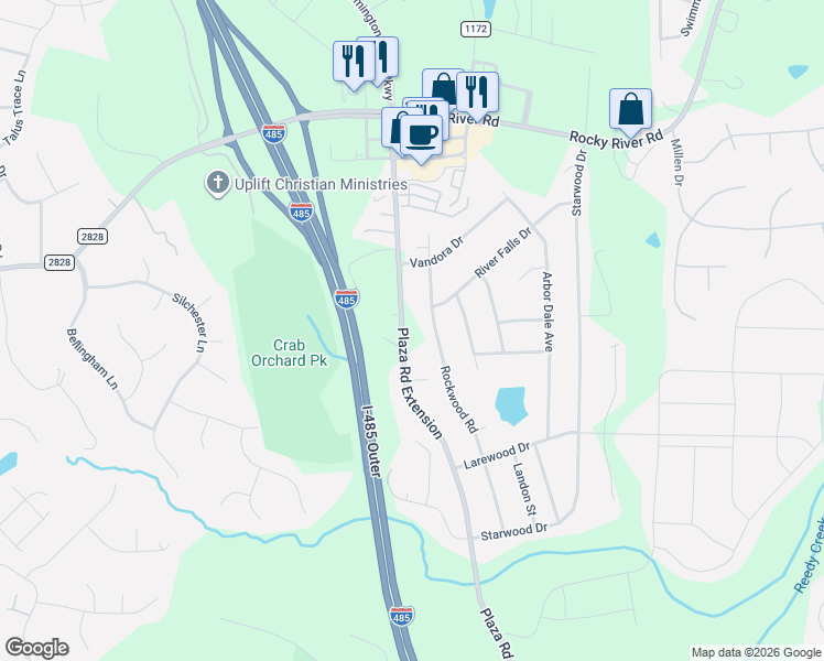 map of restaurants, bars, coffee shops, grocery stores, and more near 13075 Plaza Road Extension in Charlotte