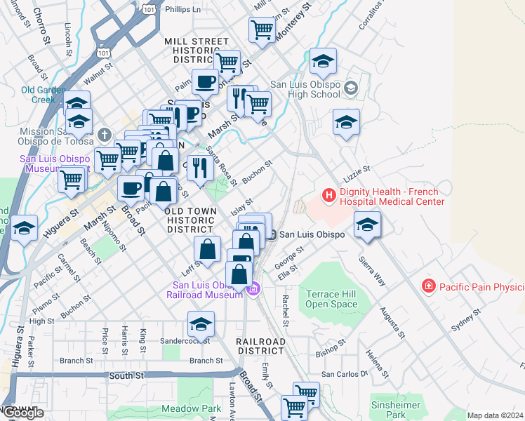 map of restaurants, bars, coffee shops, grocery stores, and more near 1059 Leff Street in San Luis Obispo