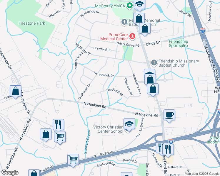 map of restaurants, bars, coffee shops, grocery stores, and more near 1733 Woodvalley Drive in Charlotte