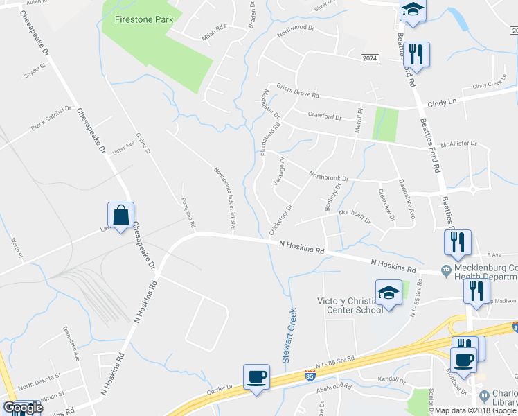 map of restaurants, bars, coffee shops, grocery stores, and more near 4100 Northpointe Industrial Boulevard in Charlotte