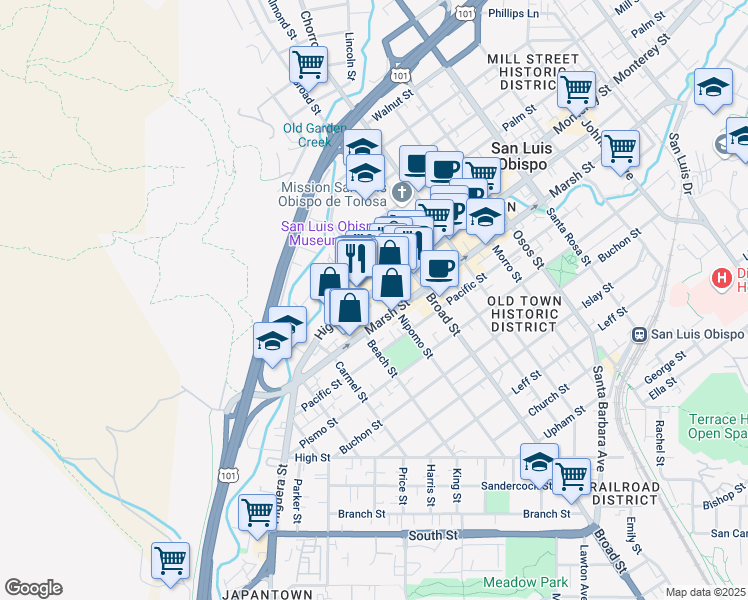 map of restaurants, bars, coffee shops, grocery stores, and more near 581 Higuera Street in San Luis Obispo