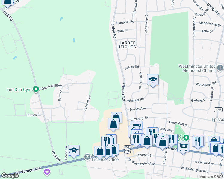 map of restaurants, bars, coffee shops, grocery stores, and more near 1430 North Wilshire Court in Kinston