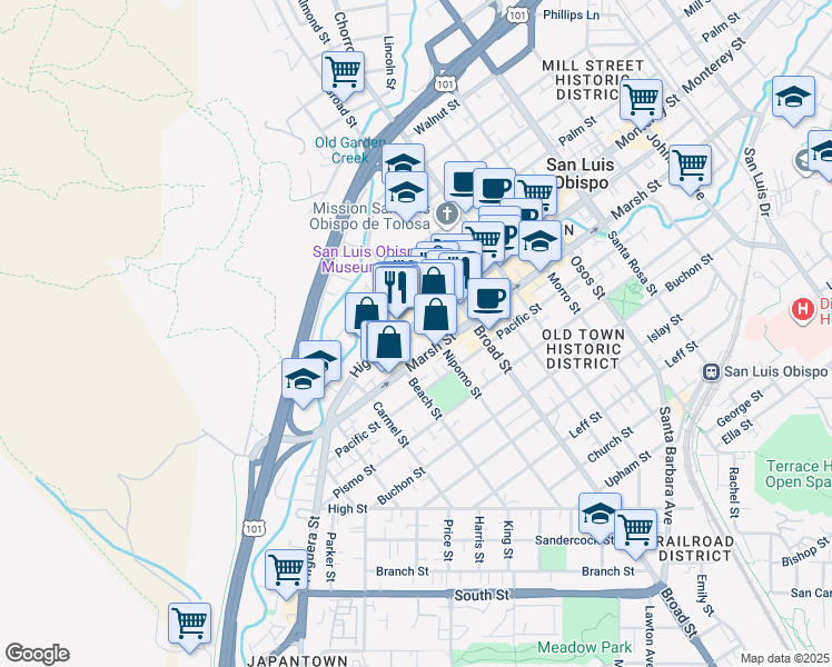 map of restaurants, bars, coffee shops, grocery stores, and more near Higuera Street in San Luis Obispo