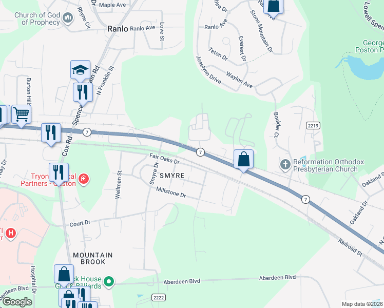 map of restaurants, bars, coffee shops, grocery stores, and more near 3091 Fair Oaks Drive in Gastonia
