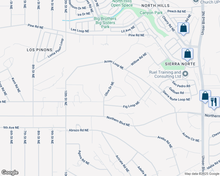 map of restaurants, bars, coffee shops, grocery stores, and more near Olive Drive Northeast in Rio Rancho