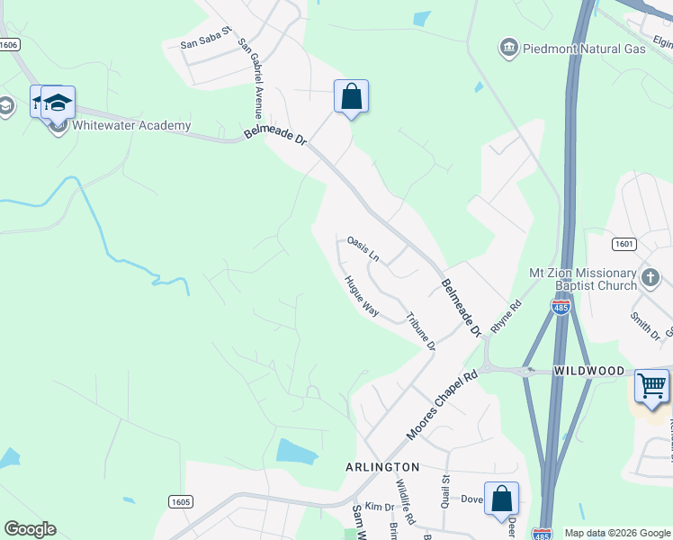 map of restaurants, bars, coffee shops, grocery stores, and more near 10441 Hugue Way in Charlotte