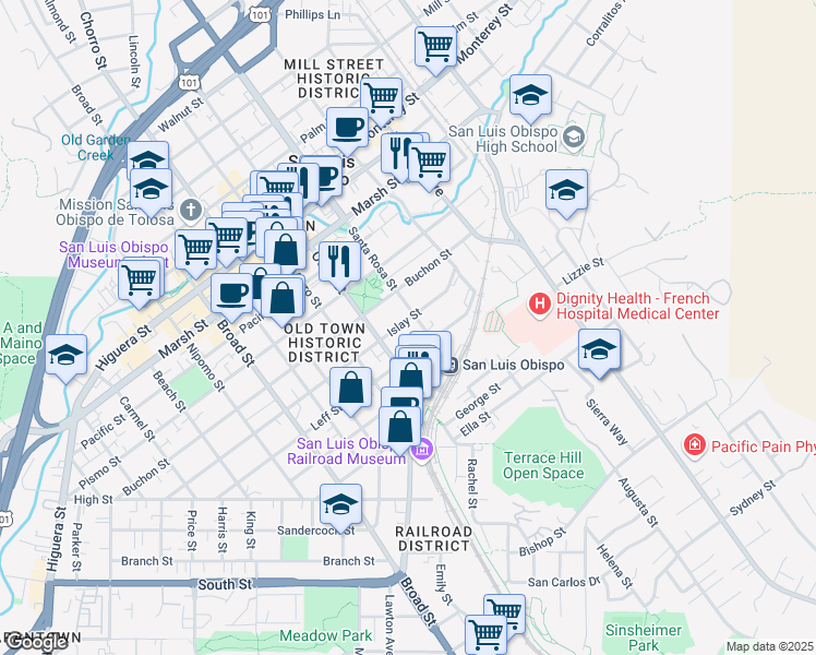 map of restaurants, bars, coffee shops, grocery stores, and more near 1053 Islay Street in San Luis Obispo