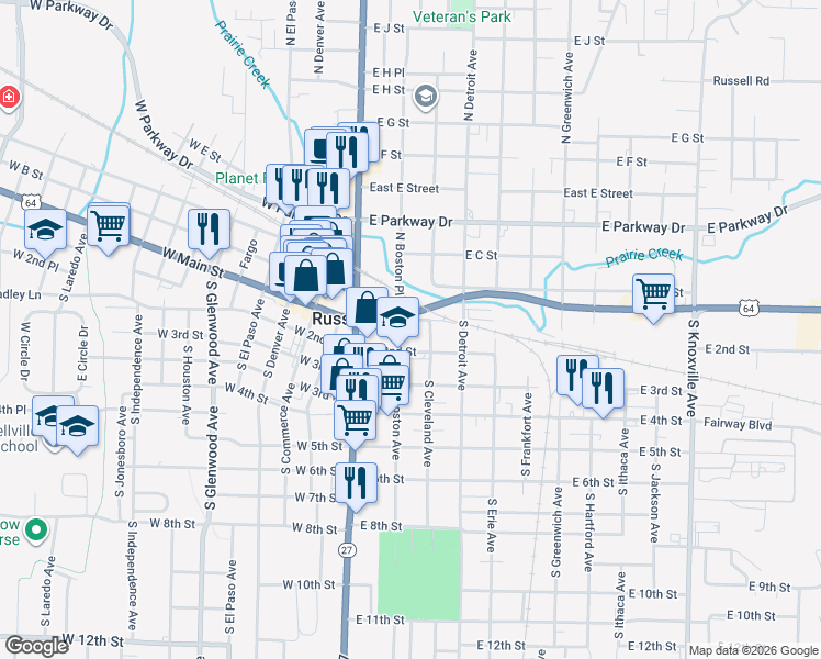 map of restaurants, bars, coffee shops, grocery stores, and more near 103 South Boston Avenue in Russellville