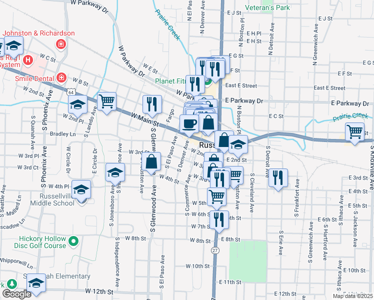 map of restaurants, bars, coffee shops, grocery stores, and more near 300 West 3rd Street in Russellville