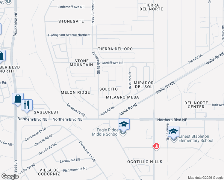 map of restaurants, bars, coffee shops, grocery stores, and more near Picton Street Northeast in Rio Rancho