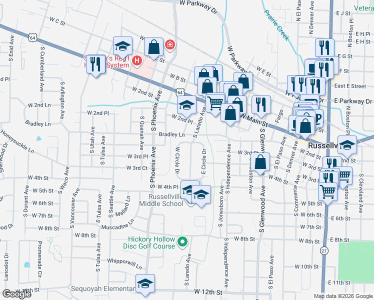 map of restaurants, bars, coffee shops, grocery stores, and more near 200 South Laredo Avenue in Russellville