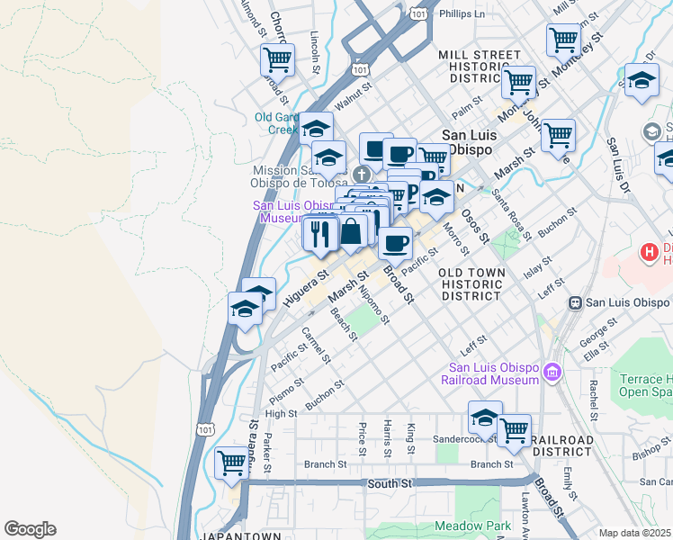 map of restaurants, bars, coffee shops, grocery stores, and more near 1051 Nipomo Street in San Luis Obispo