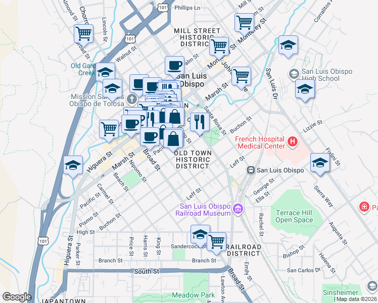 map of restaurants, bars, coffee shops, grocery stores, and more near 1415 Morro Street in San Luis Obispo