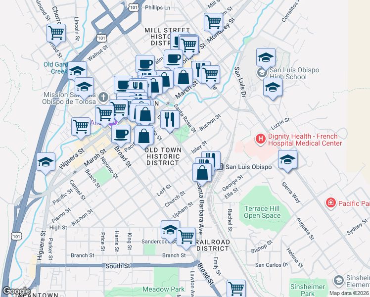 map of restaurants, bars, coffee shops, grocery stores, and more near 1051 Buchon Street in San Luis Obispo