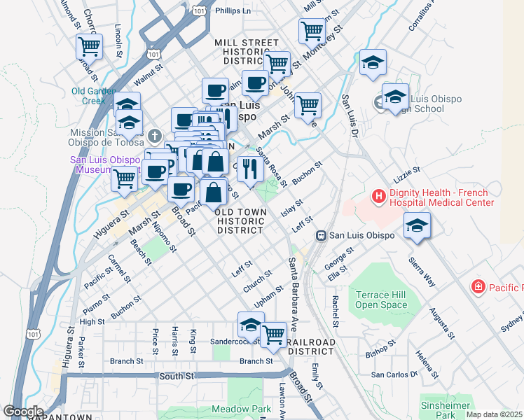 map of restaurants, bars, coffee shops, grocery stores, and more near 1423 Osos Street in San Luis Obispo