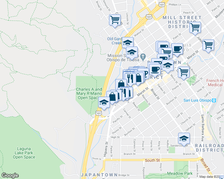 map of restaurants, bars, coffee shops, grocery stores, and more near 520 Dana Street in San Luis Obispo