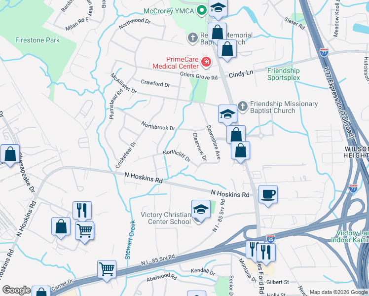 map of restaurants, bars, coffee shops, grocery stores, and more near 1836 Northbrook Drive in Charlotte